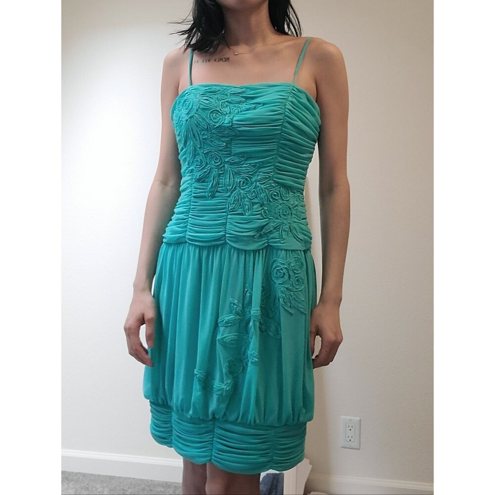 Sue Wong Teal Green Dress Bubble Hem Sz 8 Floral 3D Applique Vintage Ruffle Y2K